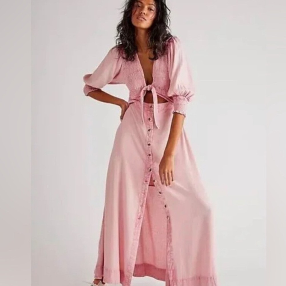 Free People String Heart Smocked Cutout Tie Front Button Down Maxi Dress Boho XS